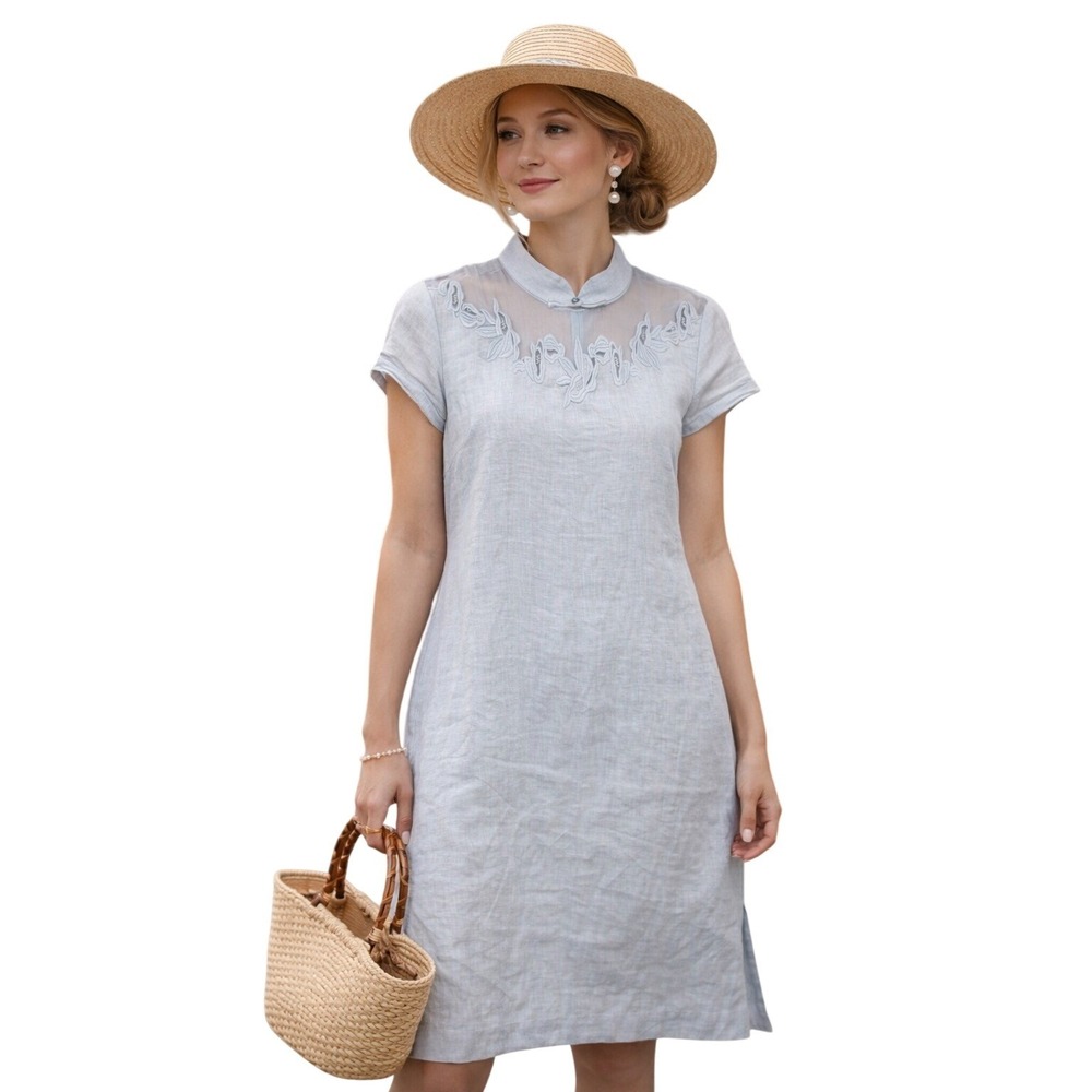 Noe Embroidered Linen Shift Dress Blue Mandarin Collar Minimalist Artwear Size M